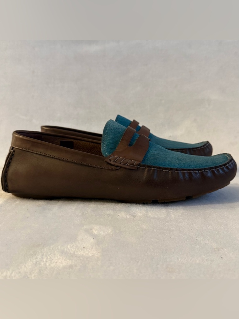 Bacco Bucci Albatros Leather Penny Loafers Tan Blue Suede - Picture 4 of 14